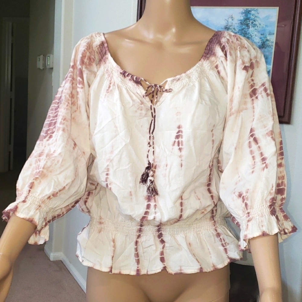 Bandolinoblu M Boho chic tie die banded ruffle hems vneck tie tassel